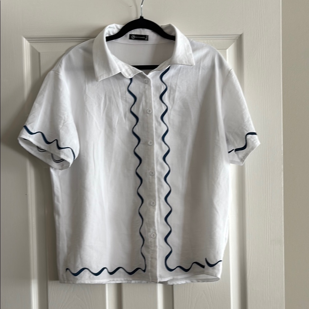 White and Blue Button Down Shirt with Unique Design